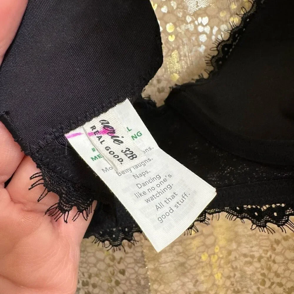 Aerie True Black Show Off Eyelash Lace Plunge Push Up Bra 32B NWT